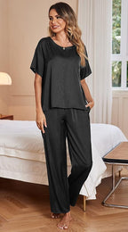 Ekouaer Womens Satin Silky Pajama Set Short Sleeve Shirt with Long Pajama Pant Set Soft PJ Loungewear