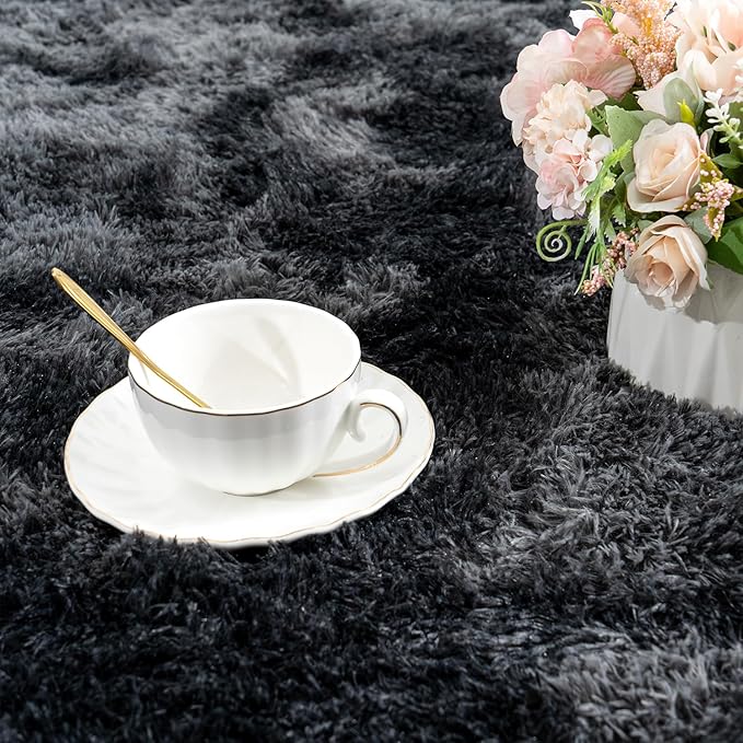 Tie-Dyed Black Rugs for Bedroom 9x12 ft Large - Ultra Soft Faux Fur Area Rug - Plush Non-Slip Shaggy Carpet for Living Room, Cozy Fluffy Rug for Kids Boys Girls Dorm Nursery Room, High Pile Carpet