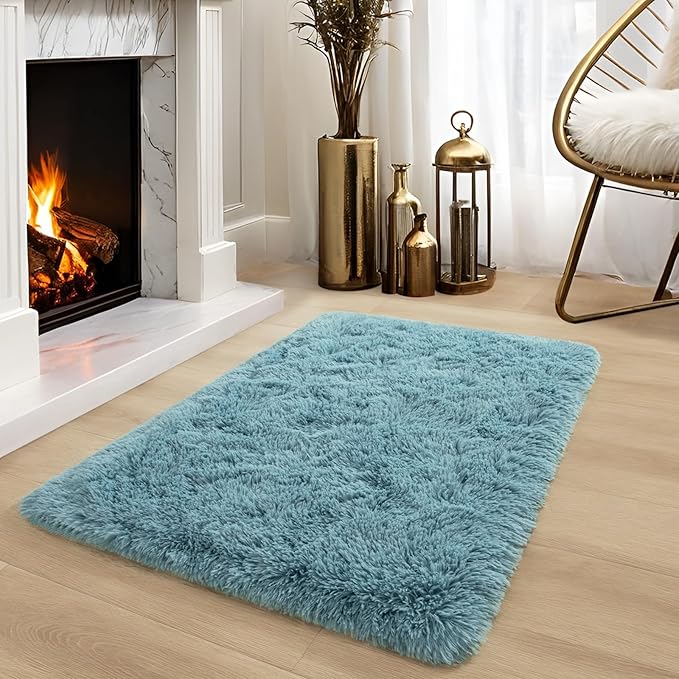YJ.GWL Runner Rugs for Hallway, 2x4 Washable Small Teal Bedside Rugs for Living Room Bedroom, Soft Fluffy Shaggy Indoor Floor Carpet for Kids Boy and Girls Room Nursery Home Decor Aesthetic