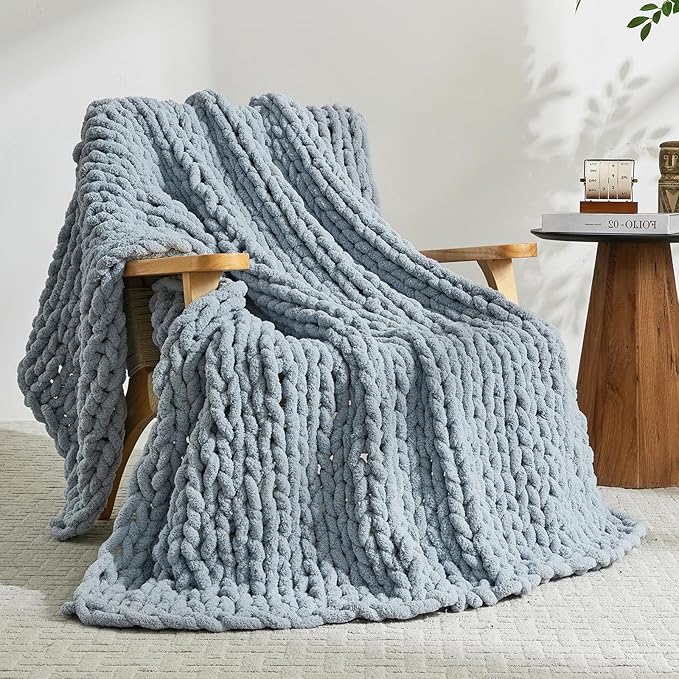YAAPSU Chunky Knit Throw Blanket for Couch, 51"x63", 100% Hand Knitted Thick Cable Knit with Cozy Jumbo Chenille Yarn, Soft Large Rope Knot Crochet Blankets for Sofa Bed Living Room Décor, Fog Blue