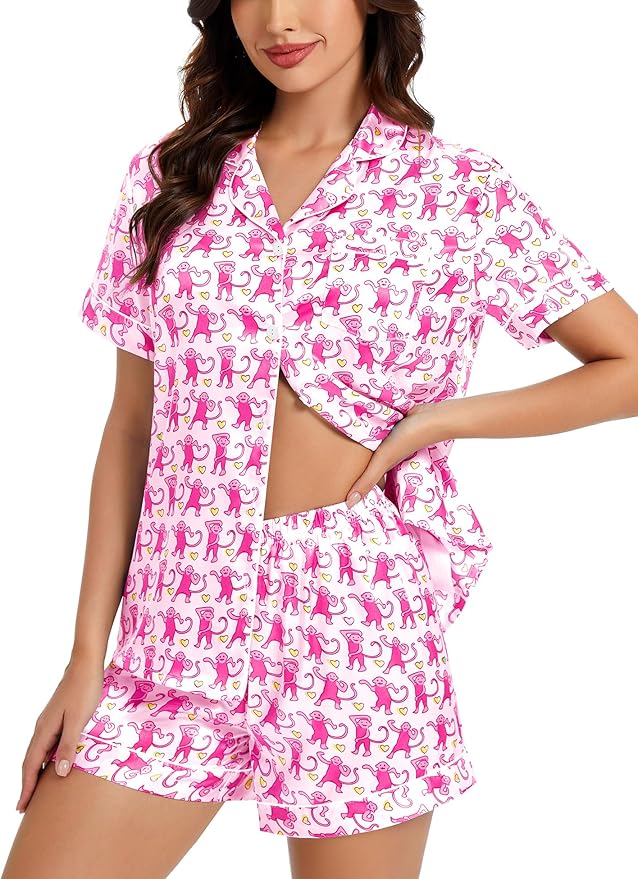 LecGee Womens Silk Satin Pajamas Short Sleeve Loungewear Two-Piece Sleepwear Button-Down Pj Set
