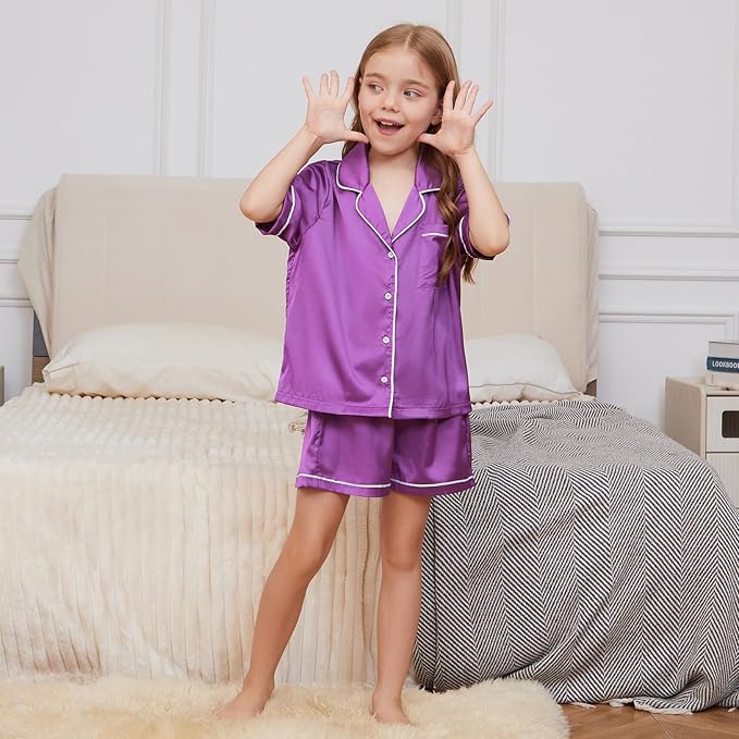 QPANCY Kids Satin Pajamas Sets Baby Boy Girl Button-Down Silk Sleepwear 2 Piece Short Sleeve Loungewear Clothes Set