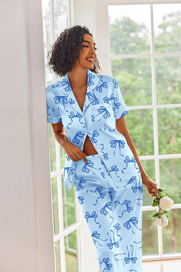 Ekouaer Silk Satin Pajamas Set Women Short Sleeve Sleepwear Soft Button Down Loungewear Pjs Set