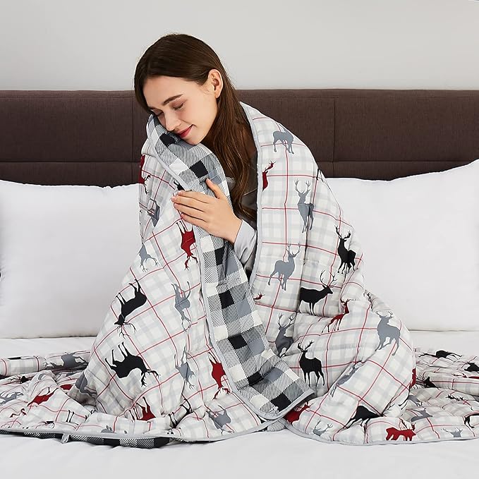 CuteKing Weighted Blanket for Adults(15lbs, 48"x72", Deer) Heavy Blanket for 140-150lbs, Weighted Blanket for Cooling & Heating with Premium Glass Beads, Soft Thick Blanket for Adult All-Season