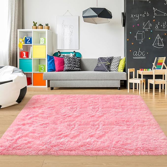 Pink Fluffy Rugs for Bedroom Living Room 4x6 Ft Girls Shaggy Fur Rug Soft Modern Indoor Furry Floor Mat Washable Plush Fuzzy Kids Rug for Nursery Princess Dorm Playroom Decor Carpet