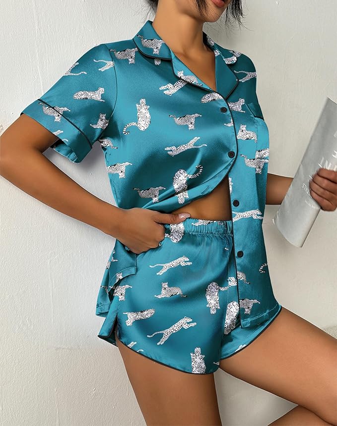 Ekouaer Womens Silk Satin Pajama Set Print Short Sleeve Sleepwear Button Down Pjs Shorts Set Loungewear