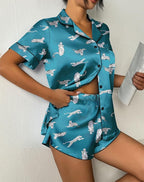 Ekouaer Womens Silk Satin Pajama Set Print Short Sleeve Sleepwear Button Down Pjs Shorts Set Loungewear