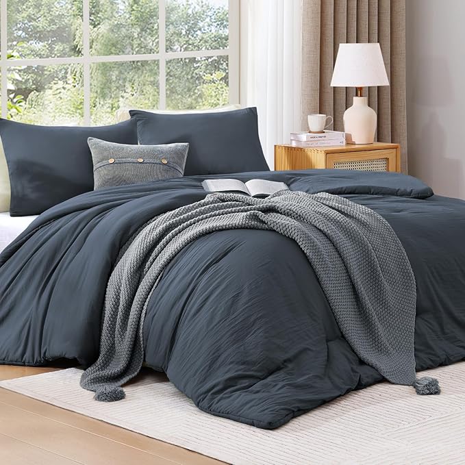 WRENSONGE California King Comforter Set - 3 Pieces Prewashed Blue Grey Comforter Soft Lightweight for All Seasons,Down Alternative Comforters California King Size with 2 Pillow Shams