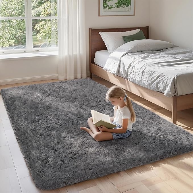 Ultra Soft Shag 3x5 Grey Area Rug – Fluffy Plush Rugs for Bedroom, Bedside, Living Room, Dorm, Kids and Girls Room, Study, Office, Playroom, Non-Slip Easy to Clean Home Décor Carpet