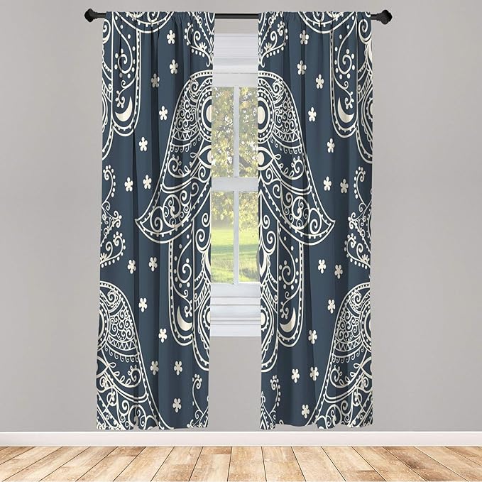 Lunarable Hamsa Window Curtains, Egyptian Boho Hand Shape Pattern Eye Design Bridal Night Inspired Art, Lightweight Decorative 2-Panel Set & Rod Pocket, Pair of - 28" x 95", Petrol Blue