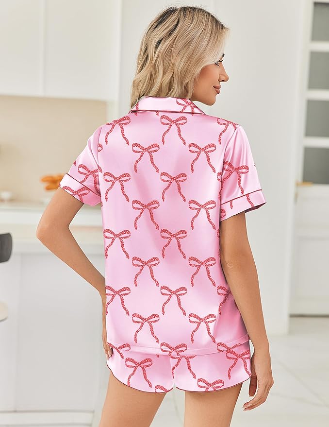 Ekouaer Womens Silk Satin Pajama Sets 2 Piece Button Down Silk Pjs Shorts Sets Cute Print Short Sleeve Sleepwear S-4XL