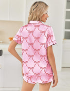 Ekouaer Womens Silk Satin Pajama Sets 2 Piece Button Down Silk Pjs Shorts Sets Cute Print Short Sleeve Sleepwear S-4XL