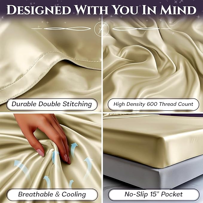 SLEEP SANCTUARY Satin Sheets King Size – 4 Piece Luxury Silky Bed Set, Softer Than Silk, 15" Deep Pocket, Cooling & Wrinkle-Free, Moisture-Wicking & Breathable for Hair & Skin (Champagne)