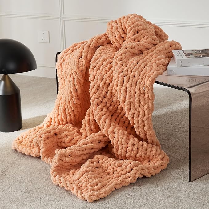 WESHIONGOO Chunky Knit Blanket Throw Knitted Throw Blankets for Couch Bed Fluffy Soft Blanket with Jumbo Chenille Yarn Thick 100% Handmade(Peach Fuzz, 51"×63")