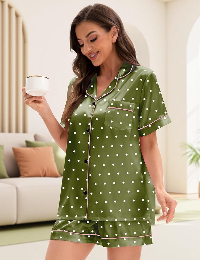 EPLAZA Silk Pajamas for Women Satin Pajamas Set 5 Pcs Long Sleeve Print Pattern Button Down Pjs Sleepwear Loungewear Set