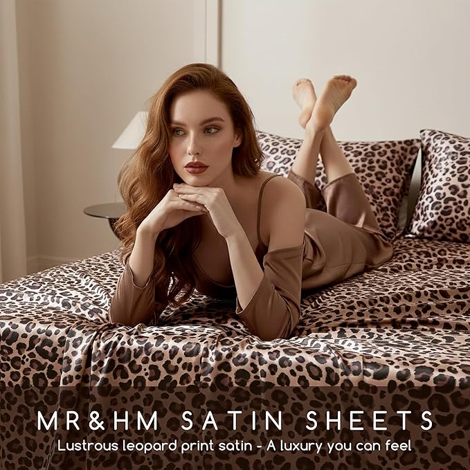 MR&HM Satin Bed Sheets with Elastic Corner Straps, Full Size Sheets Set, 4 Pcs Silky Bedding Set with 15 Inches Deep Pocket for Mattress (Full, Brown Leopard)