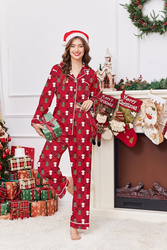 Ekouaer Women's Classic Button Down Long Satin Silk Pajama Set