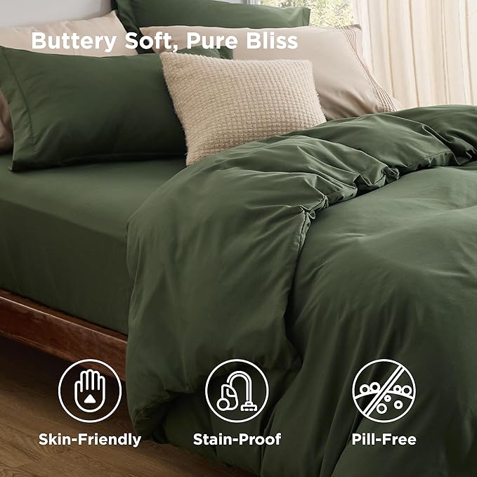 Bedsure Duvet Cover with Fitted Sheet King - Cooling Deep Pocket, Hotel Luxury Soft Double Brushed Bedding Set with Zipper Closure, 1 Duvet Cover, 1 Fitted Sheet, 2 Pillow Shams, NO Comforter, Green
