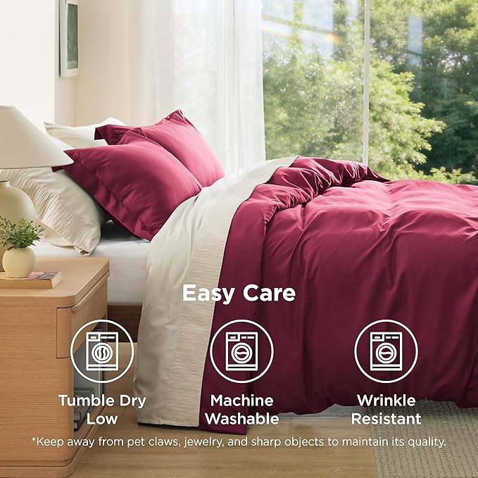 Bedsure Duvet Cover Queen Size - Soft Double Brushed Bedding Set for Kids & Adults, Zipper Closure, 3 Pieces, Includes 1 Duvet Cover (90"x90") & 2 Pillow Shams, NO Comforter, Burgundy Red