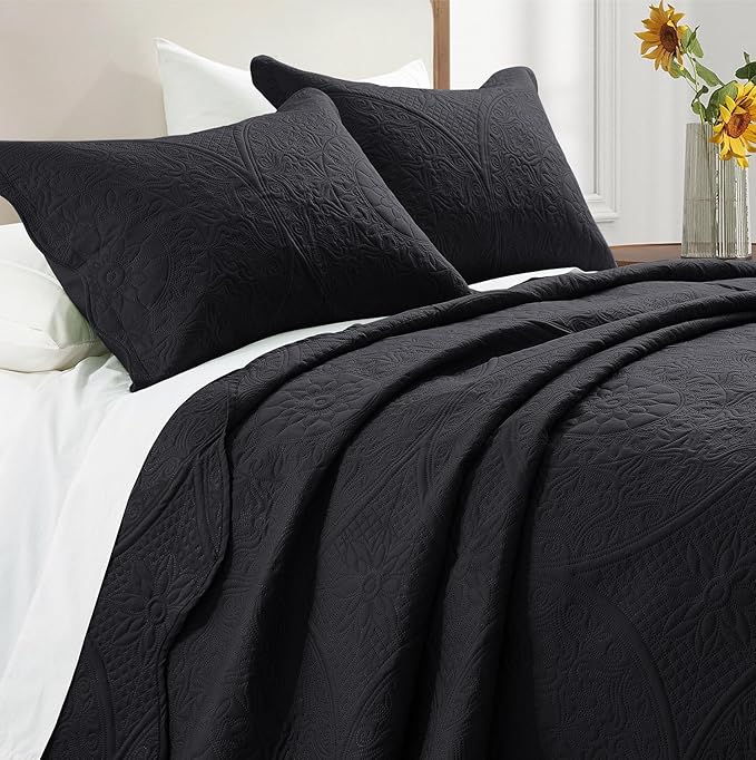 IR Imperial Rooms Twin Quilt Bedding Set Size (68” x 86”) + 1 Pillow Shams (20” x 26” + 2”) - 2 Pcs All Season Lightweight Reversible Microfiber Coverlet Floral Embossed Quilt Bedspread (Black)