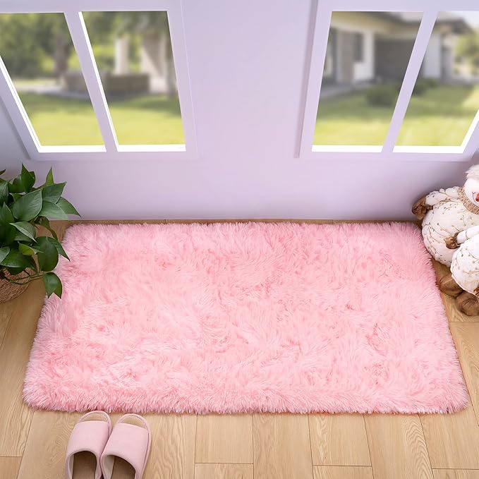 Noahas Fluffy Pink Rugs for Bedroom Girls,Door Mat Indoor Entrance,2x3 Shaggy Small Non-Slip Entryway Entry Area Rugs,Soft Plush Bedside Throw Kids Carpet Home Decor