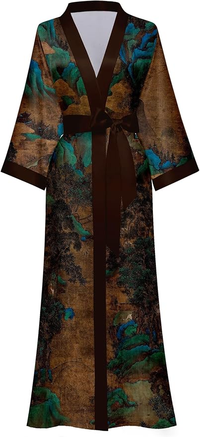 Kihnop Women's Floral Long Kimono Robe Long Satin Robe Long Silk Robe Ladies Kimonos Silky Bathrobe Cover Up, One Size