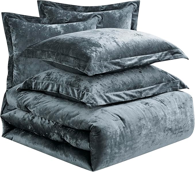 Fredsure Distressed Velvet Comforter Set, 5 Pieces Smoke Blue Queen, Distressed Velvet Face and Brushed Microfiber Reverse