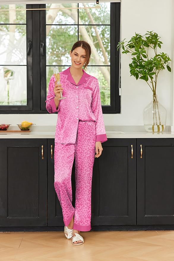 Ekouaer Silk Pajamas for Women Long Sleeve Satin Pajama Set Silky Pj Sets 2 Piece Button Down Loungewear Sleepwear