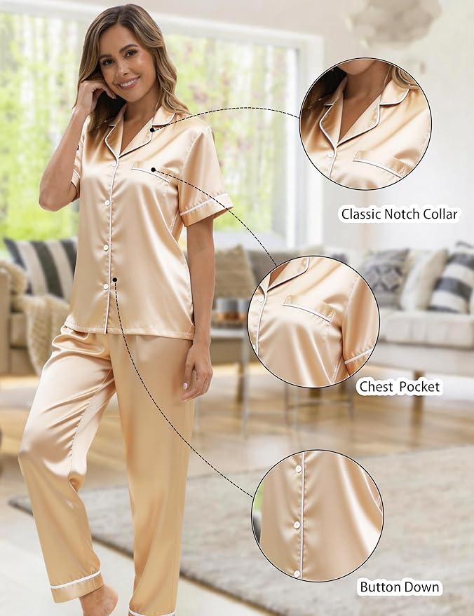 Silk Satin Pajama Set for Women 3-piece Short Sleeve Pajama with Pants Ruffle Shorts Cute Pj Set Button Down Sleepwear
