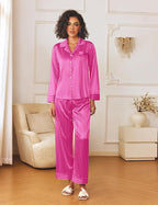 Ekouaer Womens Silk Satin Pajama Sets 2 Piece Sleepwear Pjs Set Long Sleeve Button Down Top and Pants Stripe Loungewear S-XXL