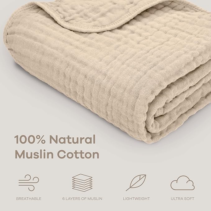 Comfy Cubs Muslin Baby Blanket - Soft, Lightweight, 6-Layer Cotton Swaddle Blankets for Newborns, Infants & Toddlers - 40" x 40" Large, Breathable & Versatile for Sleeping & Tummy Time - Sand
