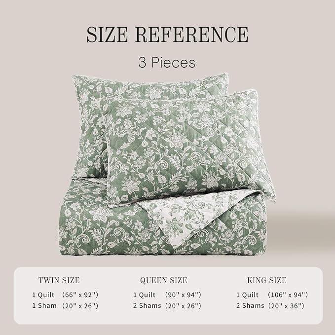 BLOOMHAVEN Quilt Set Queen Size, Green Floral Quilt Sets, Reversible Bedspread Lightweight and Breathable for All Seasons, Soft Quilted Bedspread with 2 Pillow Shams