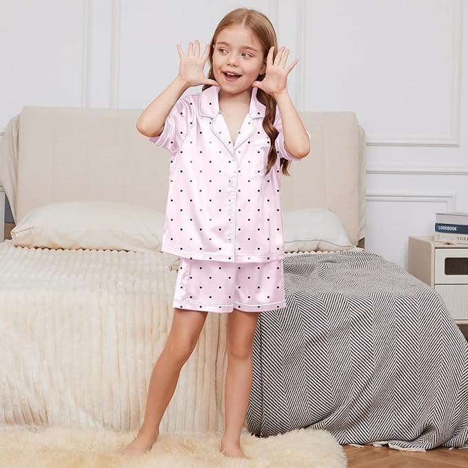 QPANCY Kids Satin Pajamas Sets Baby Boy Girl Button-Down Silk Sleepwear 2 Piece Short Sleeve Loungewear Clothes Set