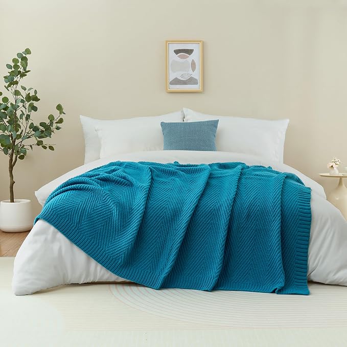 Knitted Throw Blanket 50"X60", Teal Knit Throws for Bed, Super Soft Boho Chevron Blankets for Couch Sofa Chair Room Decor, Textured Decorative Farmhouse Cozy Lightweight