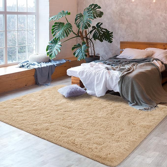Softlife Beige Area Rug for Living Room, Fluffy Shag Plush 5.3x7.6 Rugs for Bedroom Girls, Shaggy Soft Fuzzy Kids Large Carpet for Dorm Bedside Ultra Cozy Non-Slip Indoor Decor
