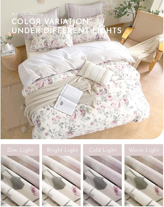 ALEISSEL Vintage Cotton 3pcs Floral Comforter Sets Queen Size - Dusty Rose & Soft Gray Foliage on White, Blush French Striped Patchwork Reverse, Neutural Lightweight Bedding Sets(Queen 90"×90")