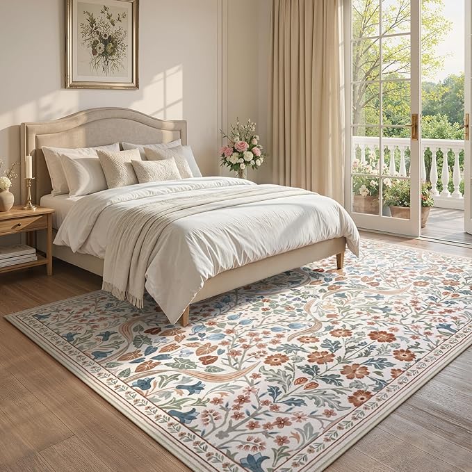 Lahome Claude Floral 8x10 Rugs for Bedroom, Washable Beige Area Rug for Nursery Playroom, Botanical Soft Boho Carpet for Kids Room, Living Room Indoor