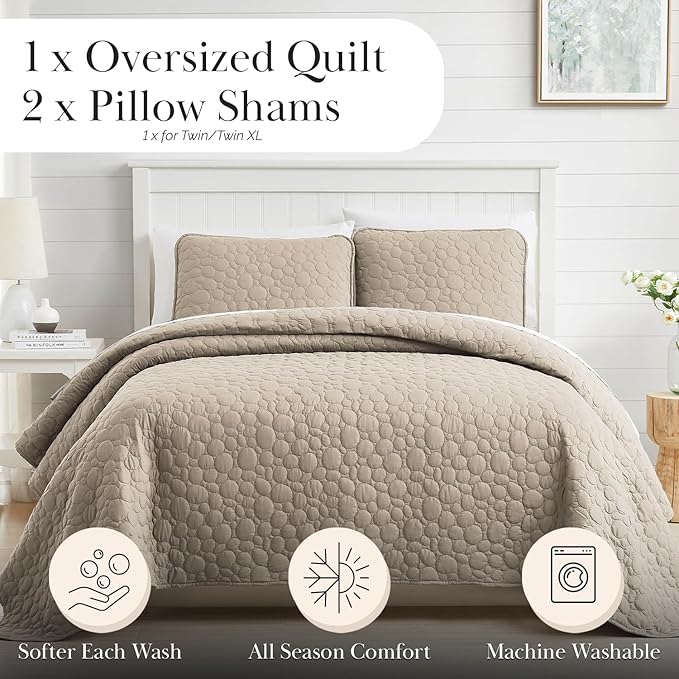 Southshore Fine Living, Inc. Oversized Quilt Bedding Set Lightweight, Prewash Fabric Soft Coverlet Bedspread 2-Piece, One Matching sham (68 in Wide x 98 in Long), Twin/Twin XL, Pebble Sandy Taupe
