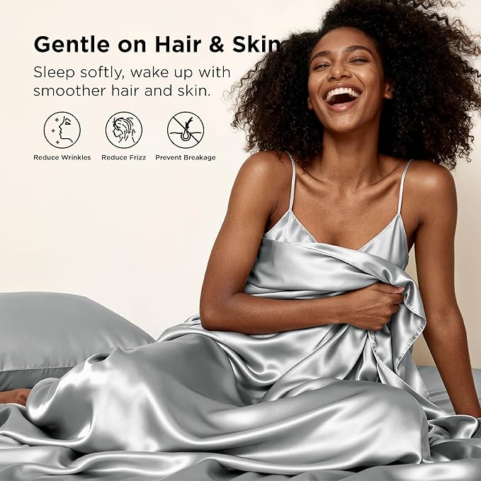 Bedsure Satin Sheets Queen Size - 4 Piece Silky Bedsheets with Elastic Corner Straps and 15 Inches Deep Pocket Fitted Bedsheet,1 Flat Sheet, 2 Satin Pillowcases, Good for Hair &Skin(Queen,Silver Grey)