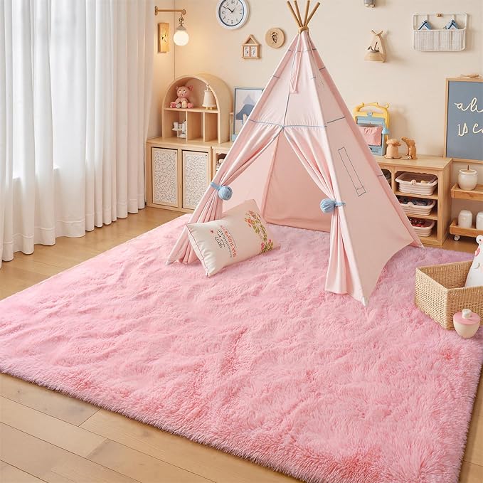 junovo Pink Washable Area Rug for Girls Bedroom Living Room, 5x8 Soft Non-Slip Fluffy Rugs, Shag Plush Memory Foam Carpet for Kids Room Baby Nursery Home Decor