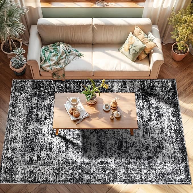 Washable Area Rug 4x6 – Soft Vintage Black and Grey Distressed Carpet for Bedroom, Living Room, Entryway, Kitchen, or Office – Low Pile Indoor Mat for Home Decor