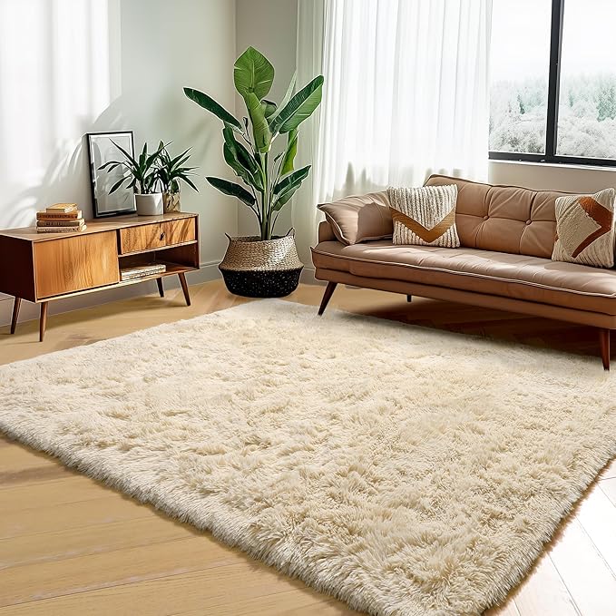 Amdrebio Beige Area Rugs for Bedroom Kids Room, 5x7 Fluffy Plush Shag Furry Cute Rug for Living Room Decor Aesthetic, Soft Shaggy Fuzzy Neutral Tan Carpet for Teens Baby Nursery Playroom Preppy Dorm