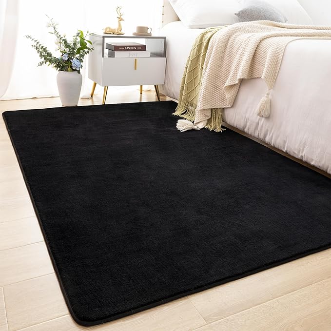 Softlife 4x6 Area Rug for Bedroom Living Room, Solid Black Non-Slip Fluffy Carpet with Soft Low Pile for Kids Boys Girls, Machine Washable Fuzzy Aethetic Rugs Home Dorm Decor