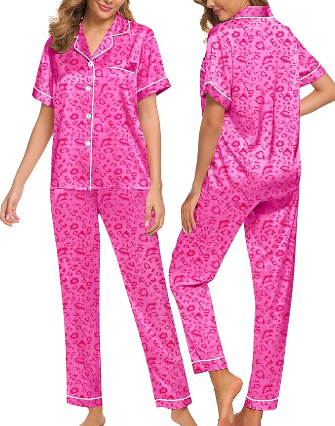 SWOMOG Women Satin Pajamas Set Short Sleeve Top & Pants Sleepwear Silky Button Down Nightwear 2pcs Loungewear Pjs Set
