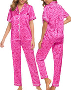 SWOMOG Women Satin Pajamas Set Short Sleeve Top & Pants Sleepwear Silky Button Down Nightwear 2pcs Loungewear Pjs Set