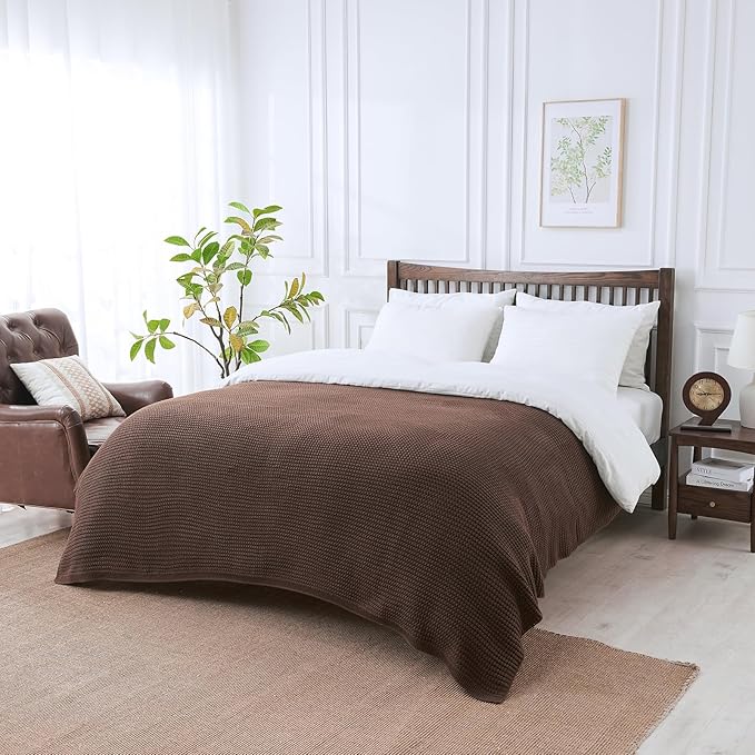 Douceur Brown Throw Blanket for Bed, Soft Chunky Cable Knit Throw Blanket, Classic Fisherman's Rib Stitch Pattern Throw for Living Room,60"X80"