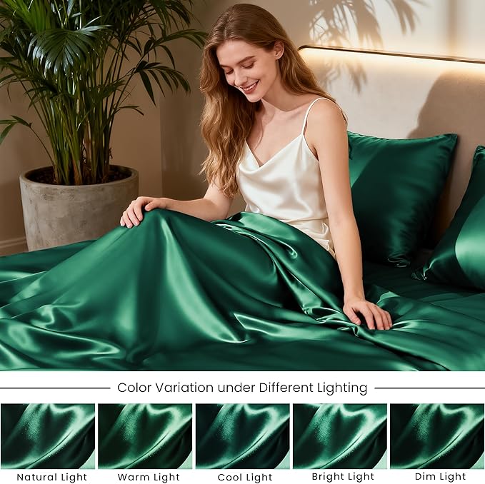 Love's cabin 4Piece California King Satin Bed Linen Set, Dark Green Silky Satin Sheets, Deep Pocket, Luxury Silk Feel, 1 Flat, 1 Fitted Sheet, 2 Pillow Cases