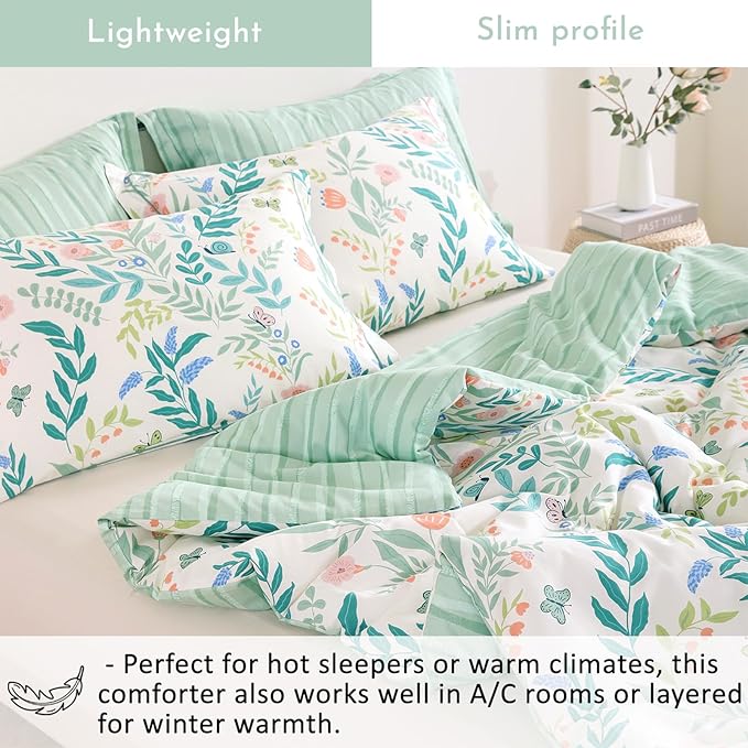 ALEISSEL Botanical Cotton Comforter Queen Size 3Pcs - Cute Garden Floral Design with Green Leaves & Coral and Pink Flowers,Sage Striped Reverse,Lightweight Reversible Bedding Sets(Full/Queen,90"×90")