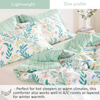 ALEISSEL Botanical Cotton Comforter Twin Size 2Pcs - Cute Garden Floral Design with Green Leaves & Coral and Pink Flowers,Sage Striped Reverse,Lightweight Reversible Bedding Sets(Twin,68"×90")