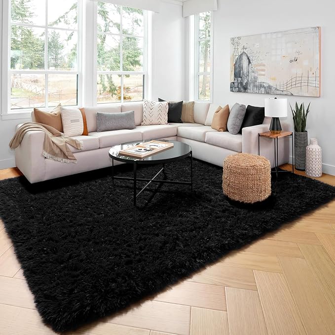 Amdrebio Black Rugs for Bedroom Living Room Decor Aesthetic, Fluffy Shag Furry Area Rugs for Kids, Men, Boys Room, Modern Cool Carpet for Classroom, Apartment, Nursery, Dorm, Office, 4x6 Shaggy Rug